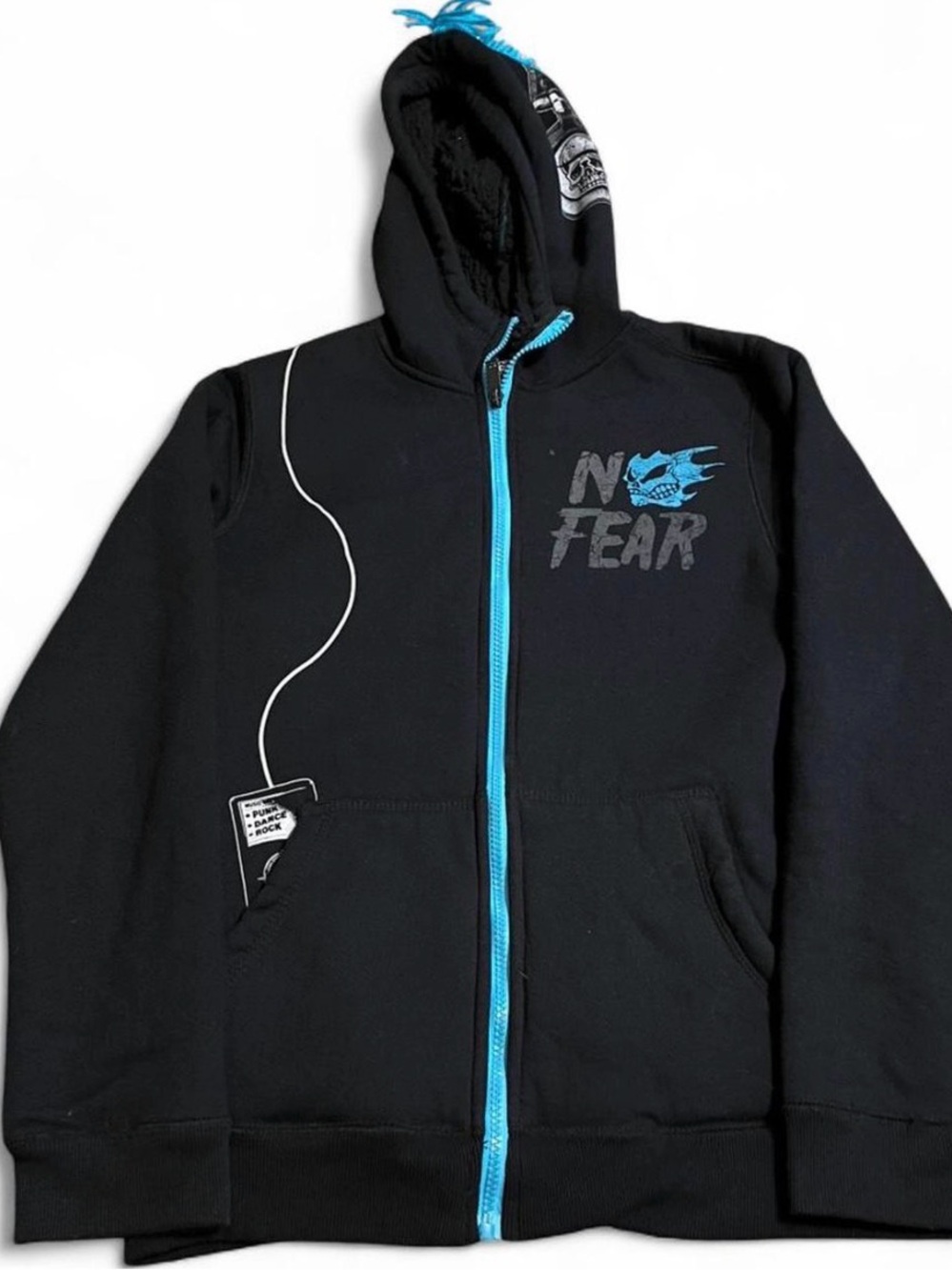 Men’s Y2K No Fear Skull Zip-Up Hoodie Black Teal Mohawk Hood Size XL